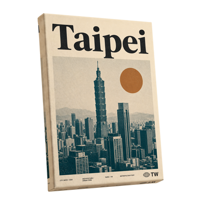 Taipei City Index, beige, black, brown minimalist wall art shown as a stretched canvas wall art