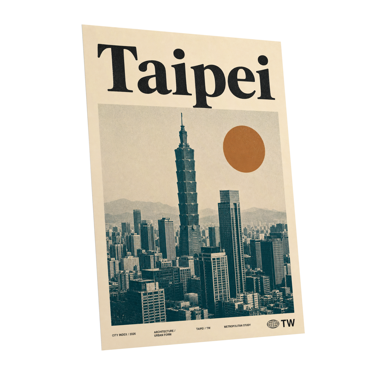 Taipei City Index, beige, black, brown minimalist wall art shown as a unframed poster wall art print
