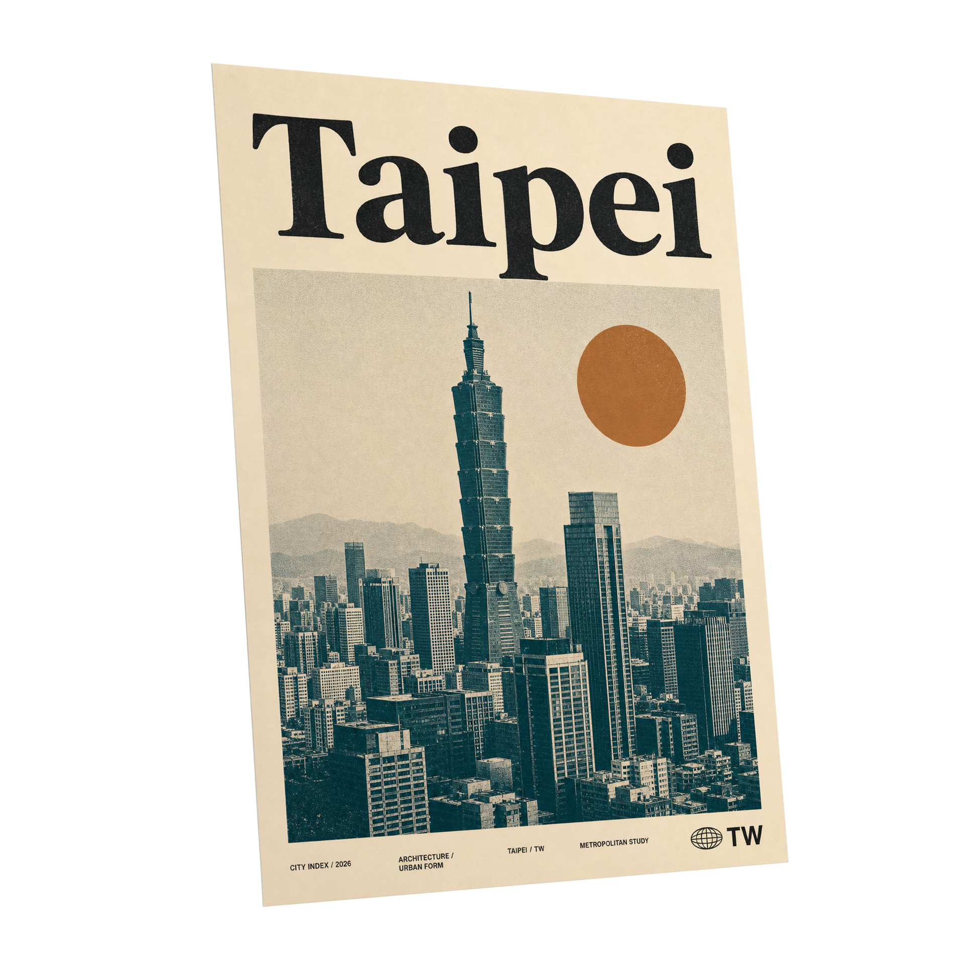 Taipei City Index, beige, black, brown minimalist wall art shown as a unframed poster wall art print