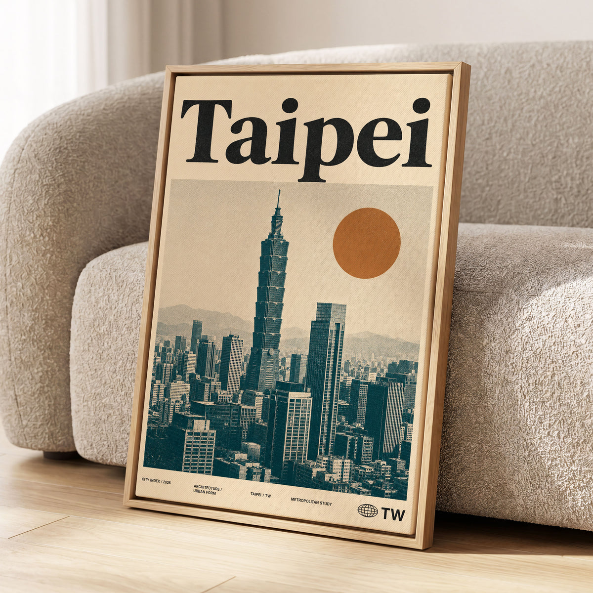 Taipei City Index, beige, black, brown minimalist wall art displayed in a styled interior, gallery view 1
