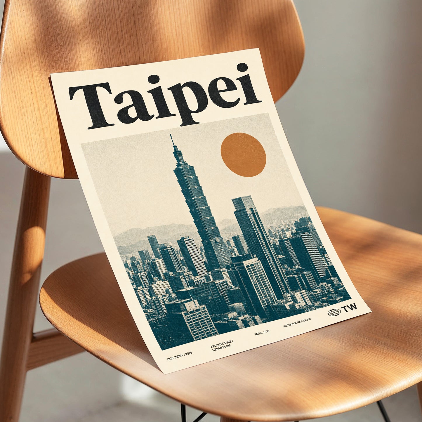 Taipei City Index, beige, black, brown minimalist wall art displayed in a styled interior, gallery view 3