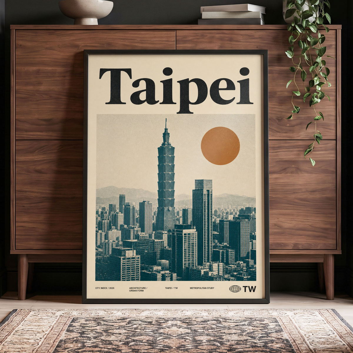 Taipei City Index, beige, black, brown minimalist wall art displayed in a styled interior, gallery view 4