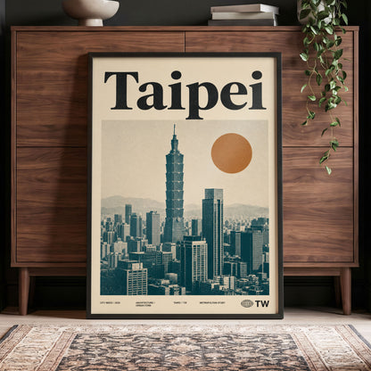 Taipei City Index, beige, black, brown minimalist wall art displayed in a styled interior, gallery view 4