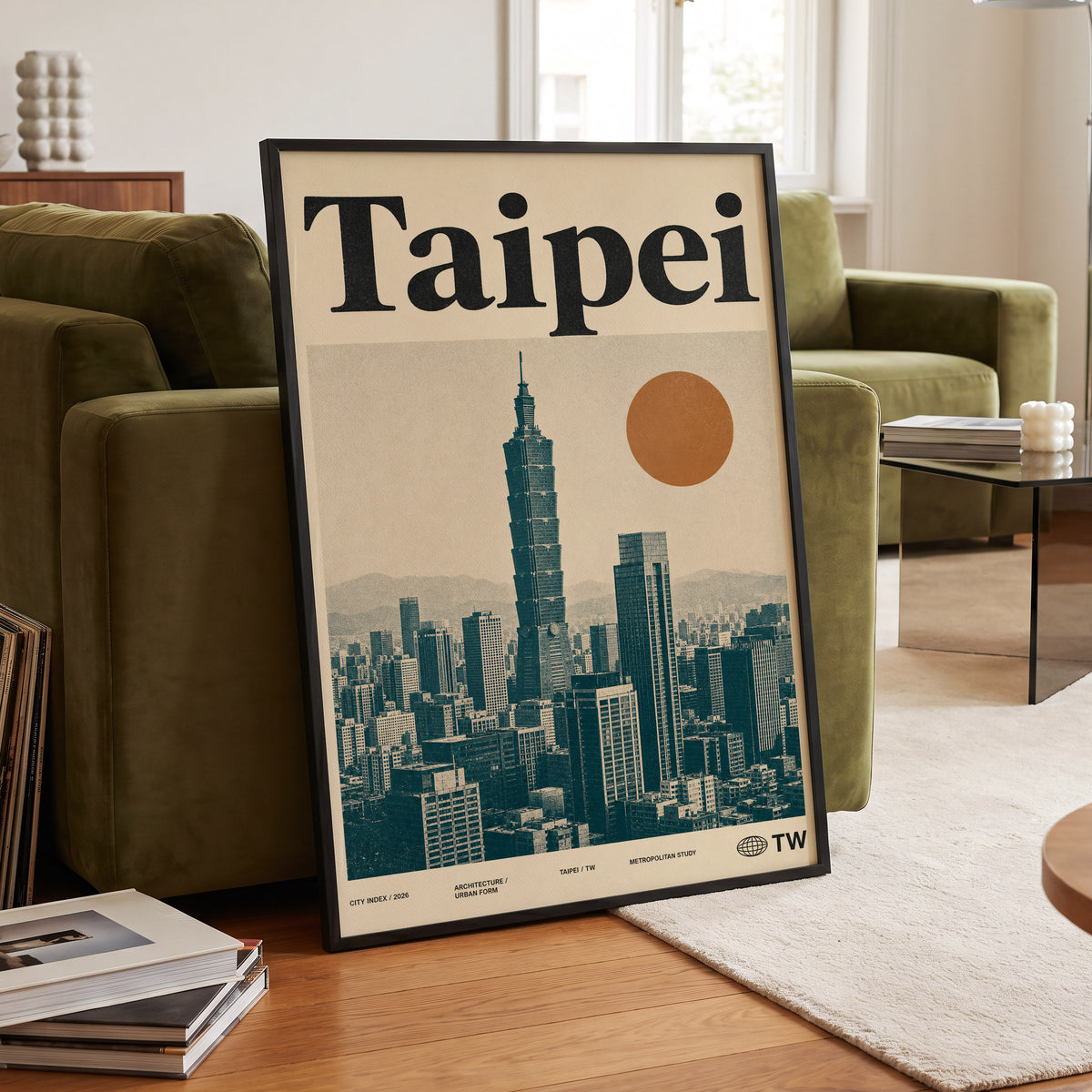 Taipei City Index, beige, black, brown minimalist wall art displayed in a styled interior, gallery view 6