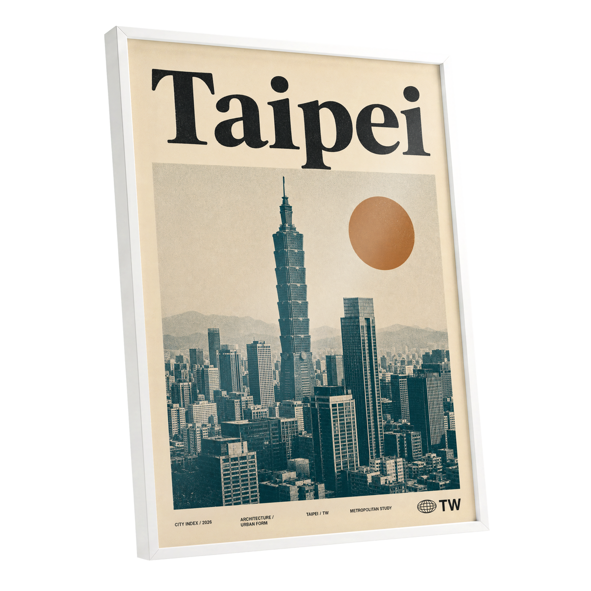 Taipei City Index, beige, black, brown minimalist wall art shown as a white framed poster wall art print