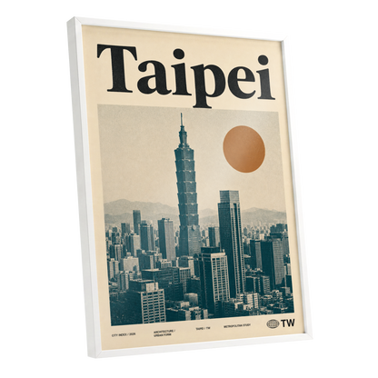 Taipei City Index, beige, black, brown minimalist wall art shown as a white framed poster wall art print