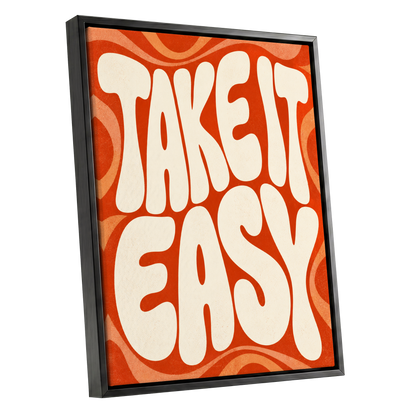 Take It Easy Groove, orange, beige abstract wall art shown as a black framed canvas wall art