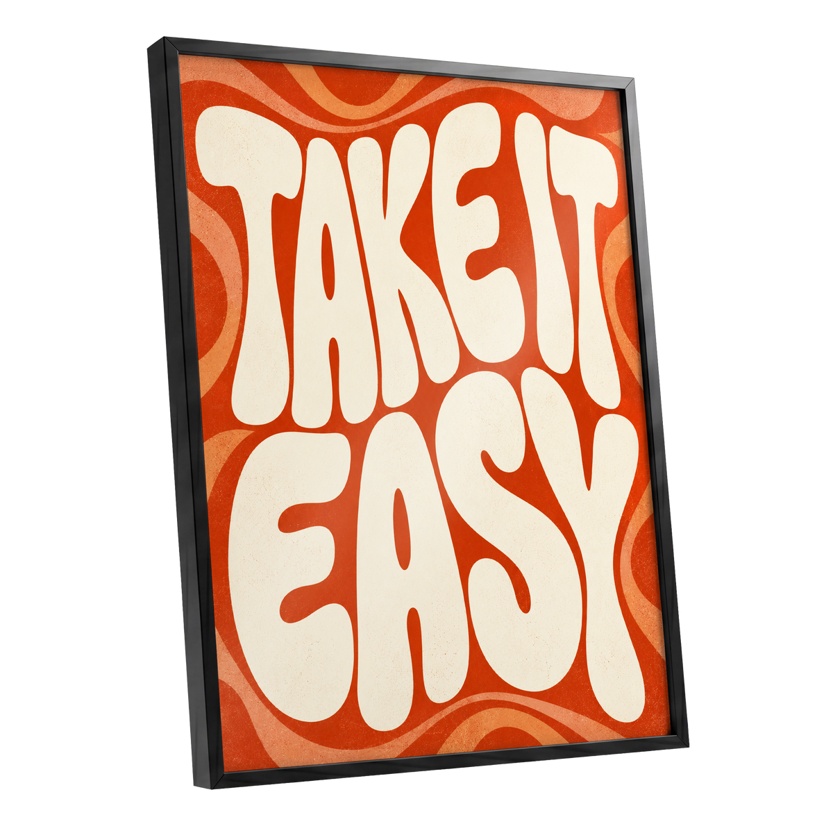 Take It Easy Groove, orange, beige abstract wall art shown as a black framed poster wall art print