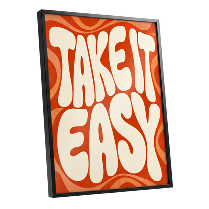 Take It Easy Groove, orange, beige abstract wall art shown as a black framed poster wall art print