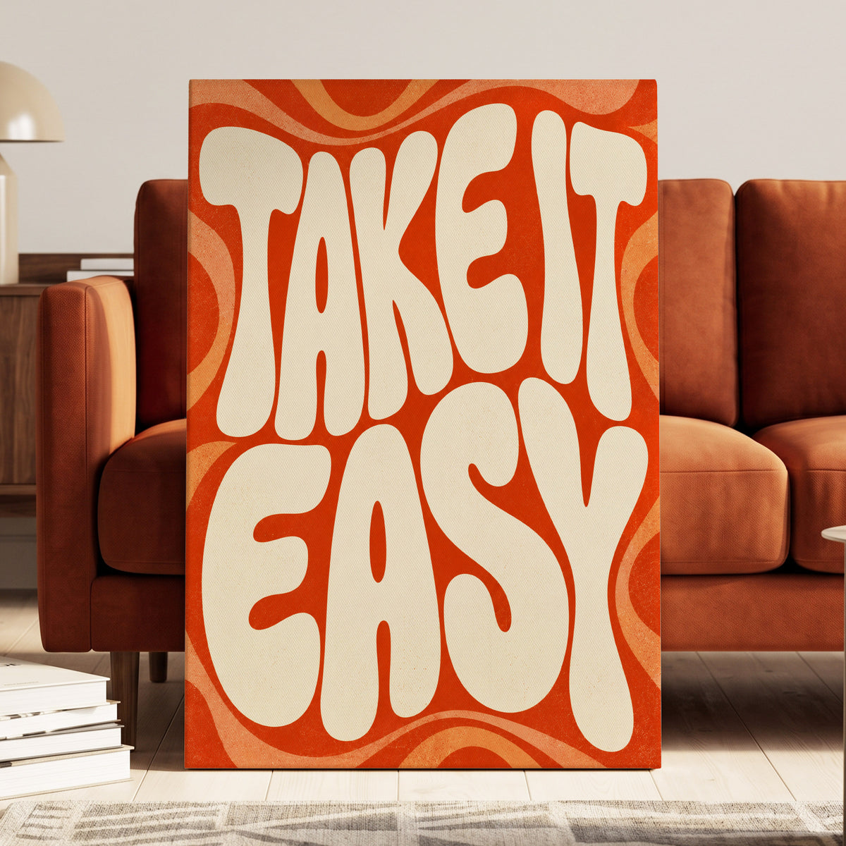Take It Easy Groove, orange, beige abstract wall art on canvas displayed in a styled interior, gallery view 1