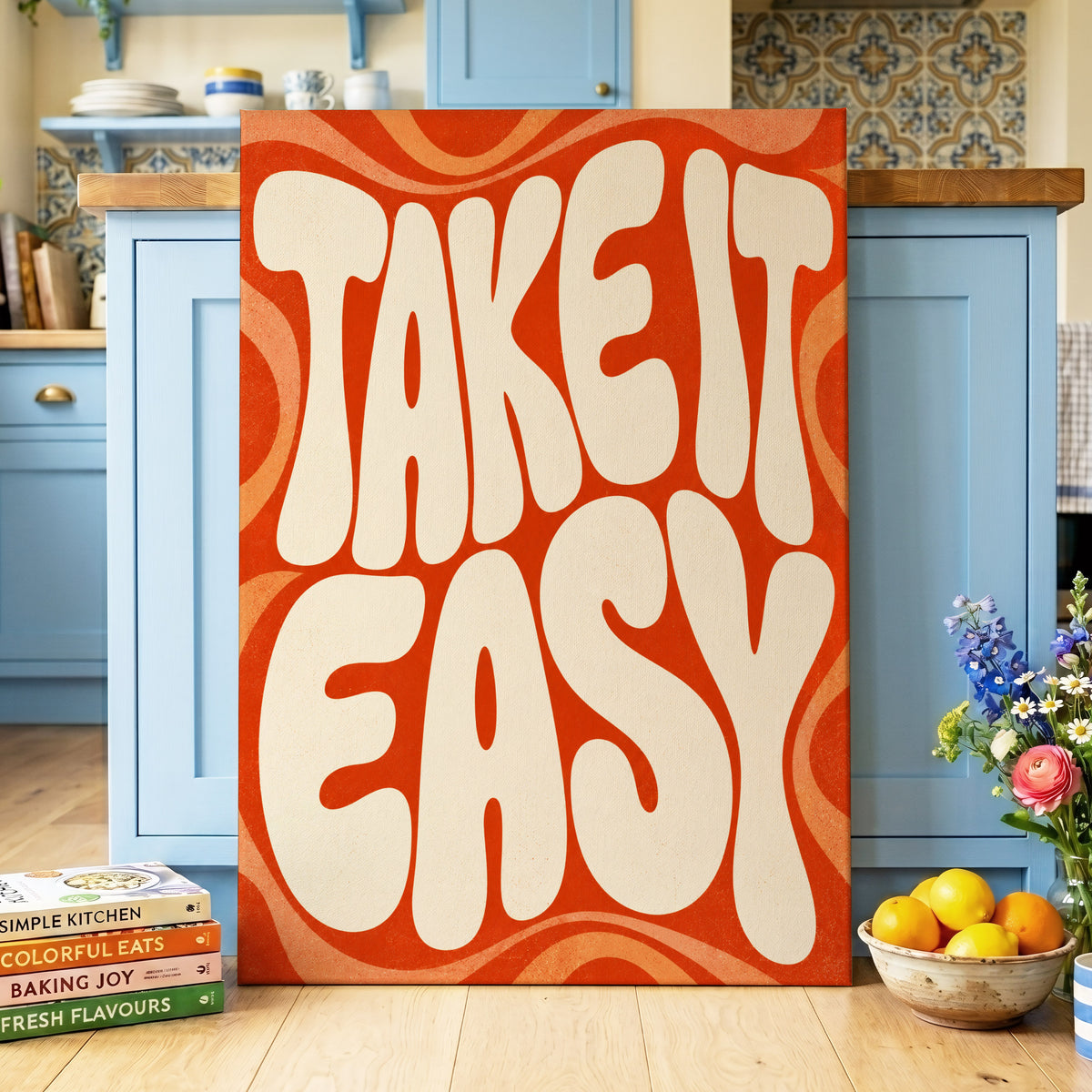 Take It Easy Groove, orange, beige abstract wall art on canvas displayed in a styled interior, gallery view 2