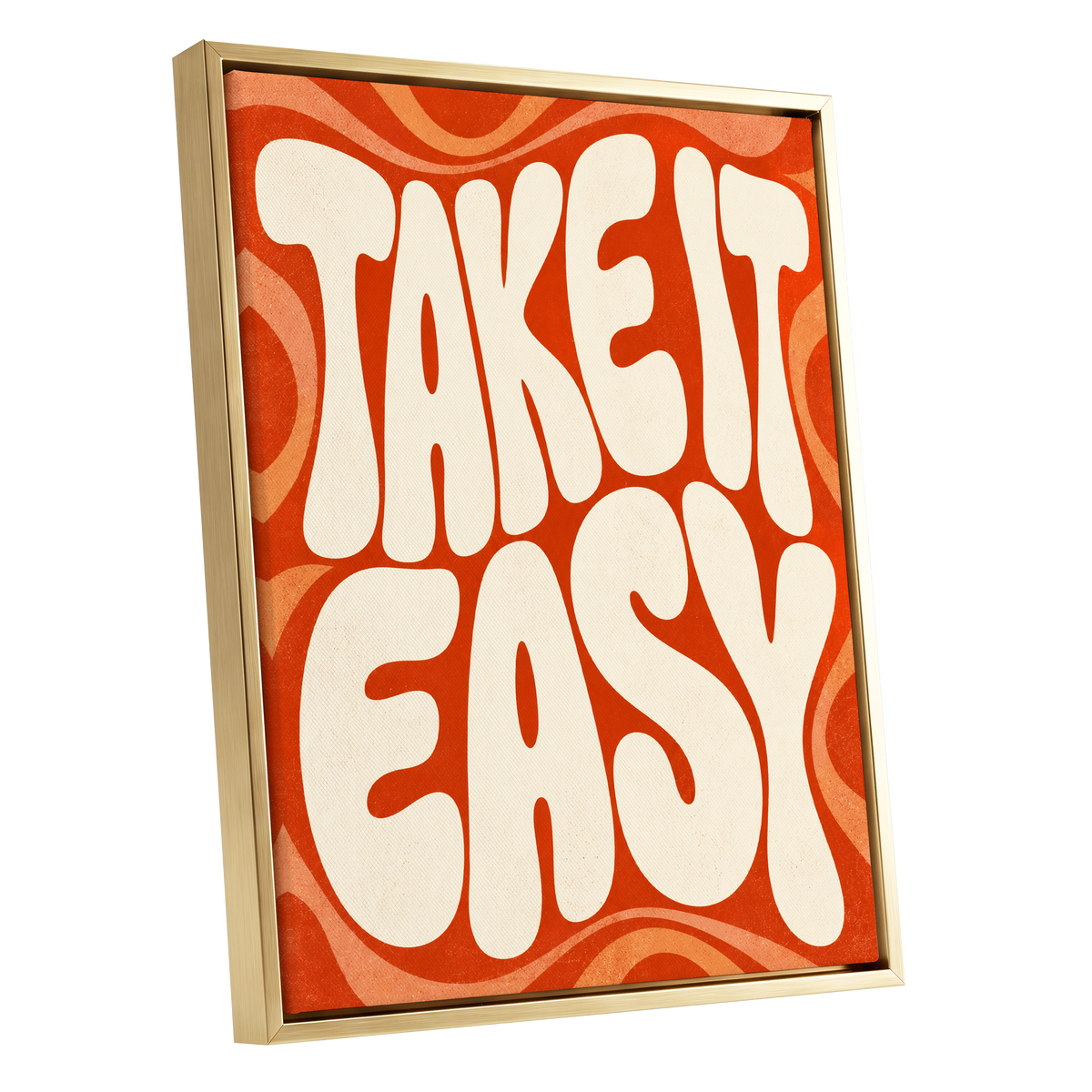 Take It Easy Groove, orange, beige abstract wall art shown as a gold framed canvas wall art