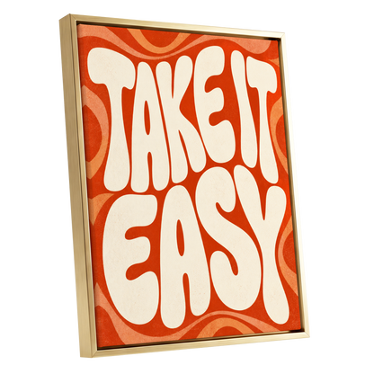 Take It Easy Groove, orange, beige abstract wall art shown as a gold framed canvas wall art