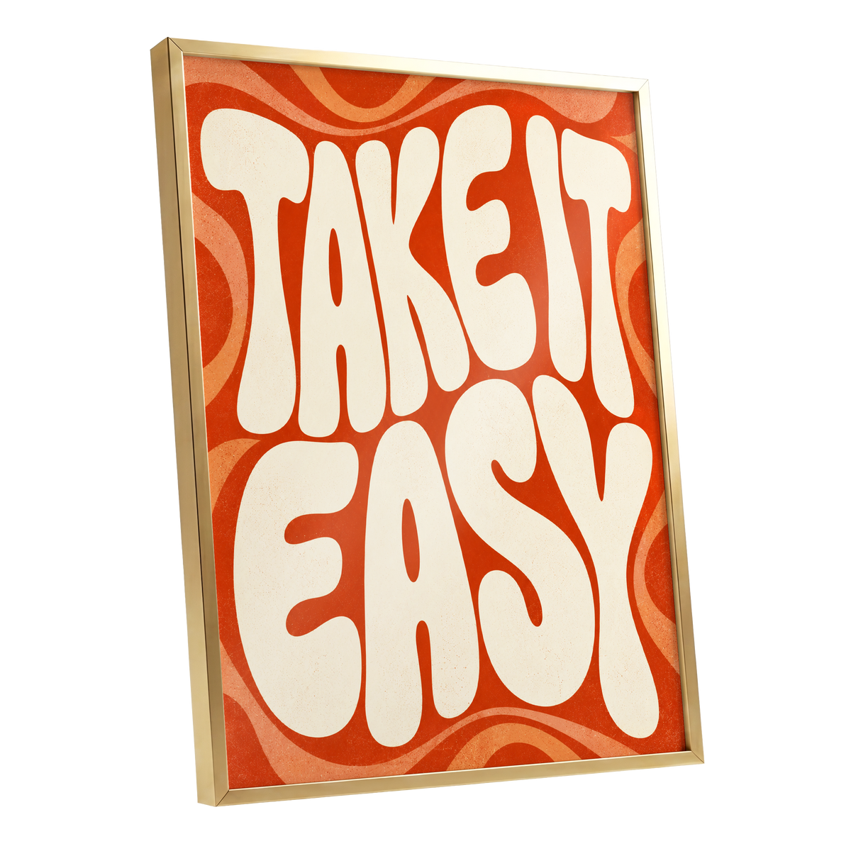 Take It Easy Groove, orange, beige abstract wall art shown as a gold framed poster wall art print