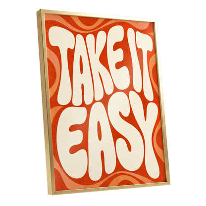 Take It Easy Groove, orange, beige abstract wall art shown as a gold framed poster wall art print