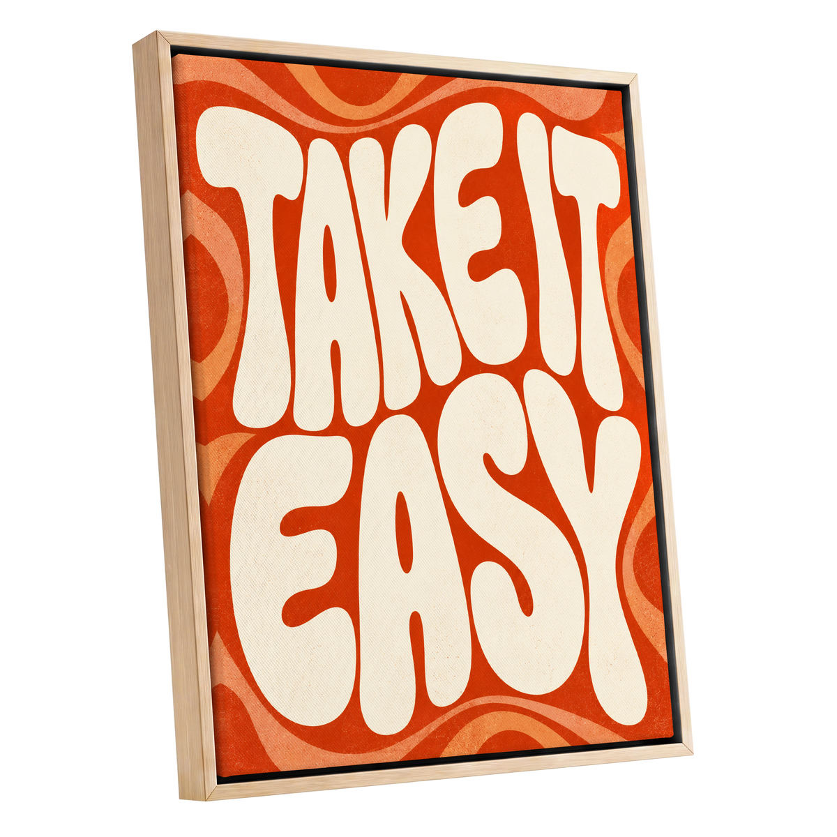 Take It Easy Groove, orange, beige abstract wall art shown as a oak framed canvas wall art