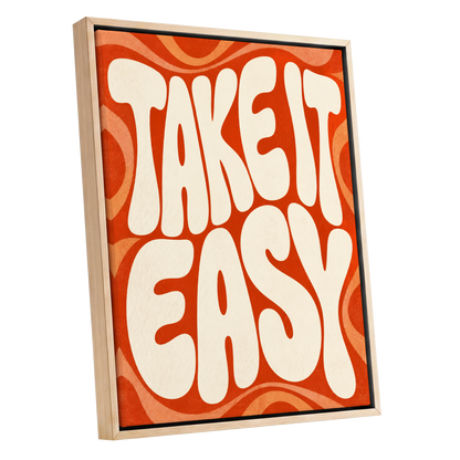 Take It Easy Groove, orange, beige abstract wall art shown as a oak framed canvas wall art