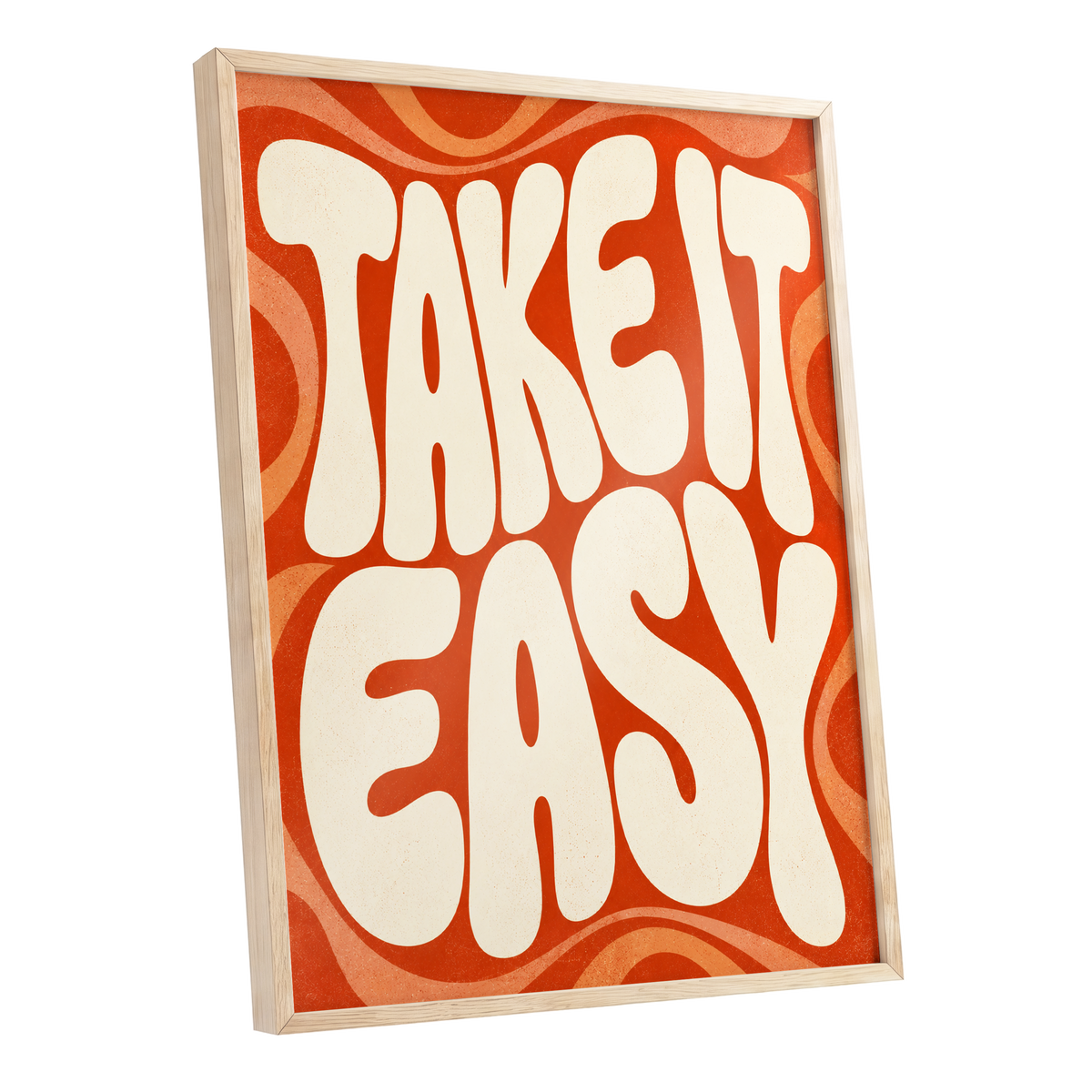 Take It Easy Groove, orange, beige abstract wall art shown as a oak framed poster wall art print