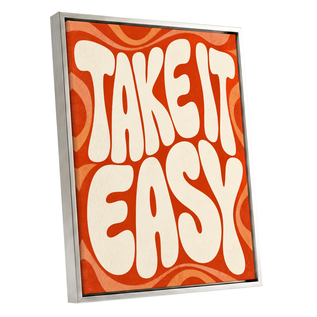 Take It Easy Groove, orange, beige abstract wall art shown as a silver framed canvas wall art