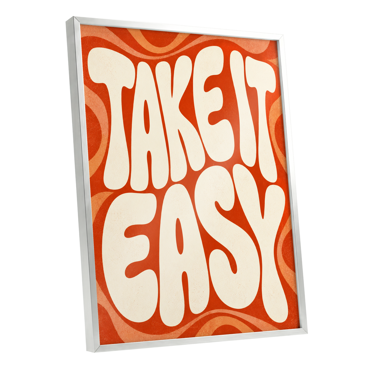 Take It Easy Groove, orange, beige abstract wall art shown as a silver framed poster wall art print