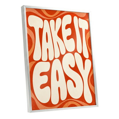 Take It Easy Groove, orange, beige abstract wall art shown as a silver framed poster wall art print