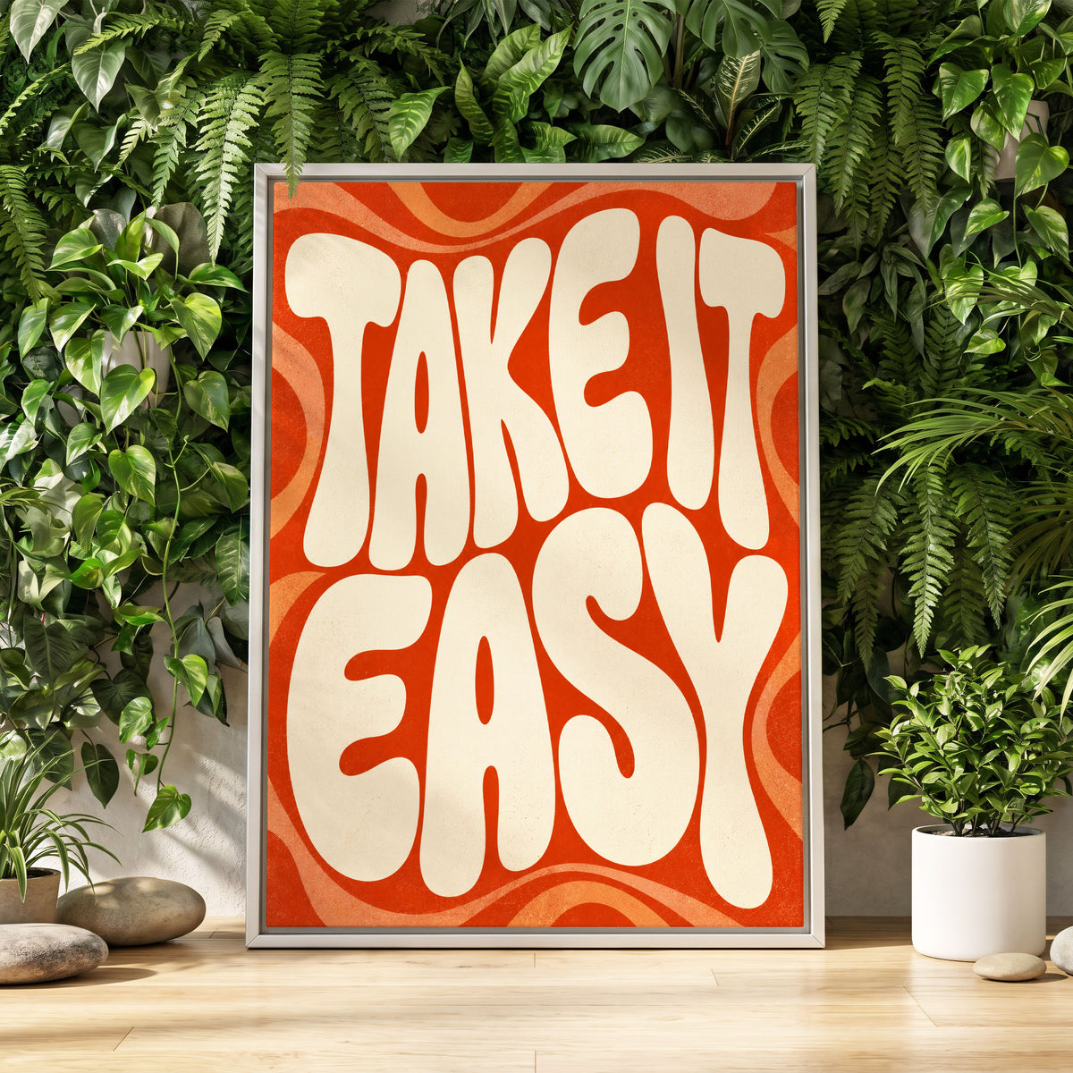 Take It Easy Groove, orange, beige abstract wall art displayed in a styled interior, gallery view 1