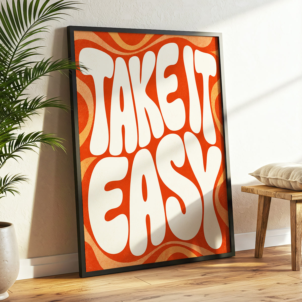 Take It Easy Groove, orange, beige abstract wall art displayed in a styled interior, gallery view 2