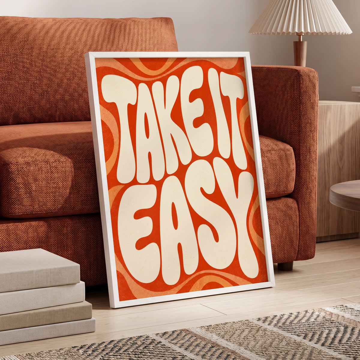 Take It Easy Groove, orange, beige abstract wall art displayed in a styled interior, gallery view 3