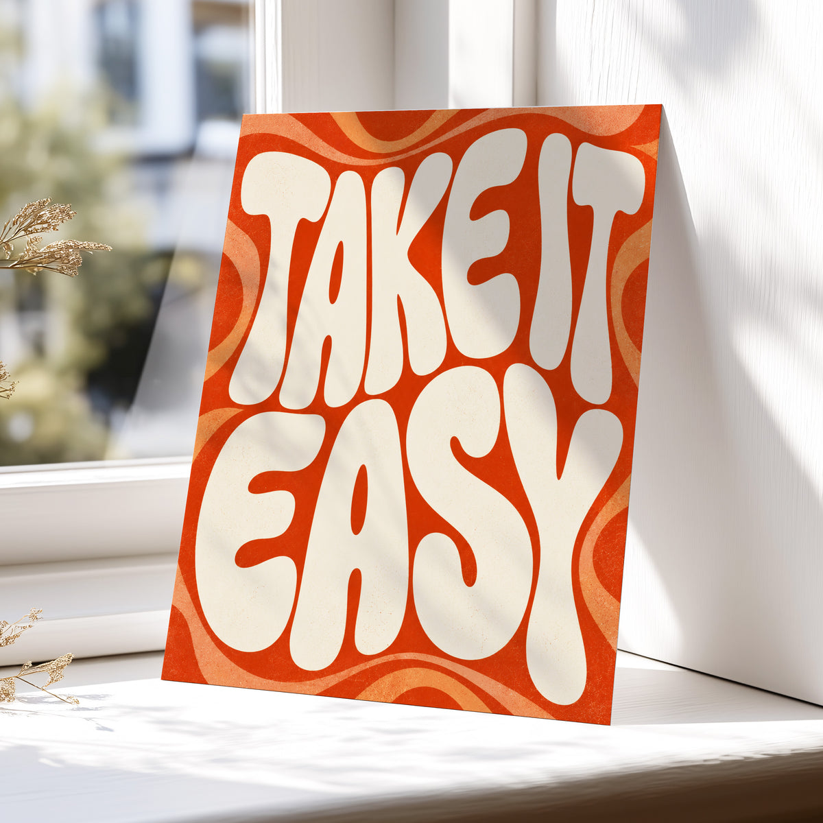 Take It Easy Groove, orange, beige abstract wall art displayed in a styled interior, gallery view 4