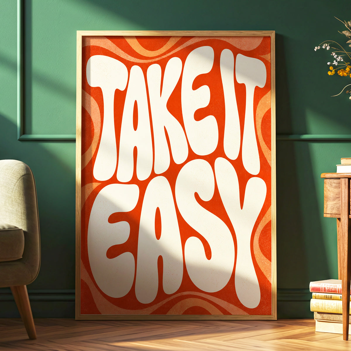 Take It Easy Groove, orange, beige abstract wall art displayed in a styled interior, gallery view 6
