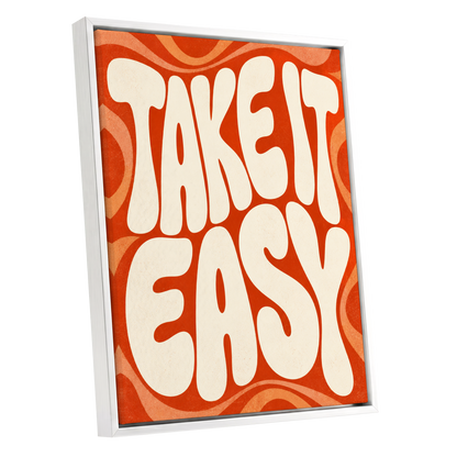 Take It Easy Groove, orange, beige abstract wall art shown as a white framed canvas wall art