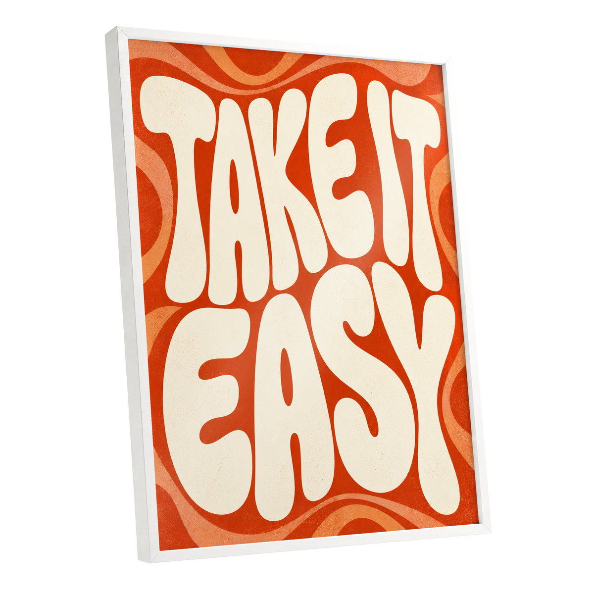 Take It Easy Groove, orange, beige abstract wall art shown as a white framed poster wall art print