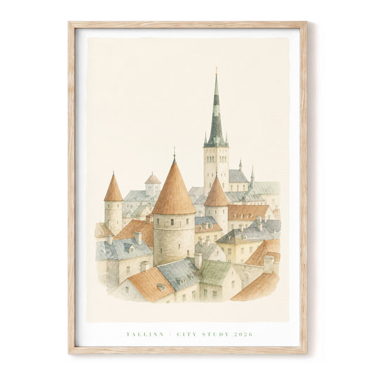 Tallinn Spires, beige, brown, gray minimalist wall art, front artwork view