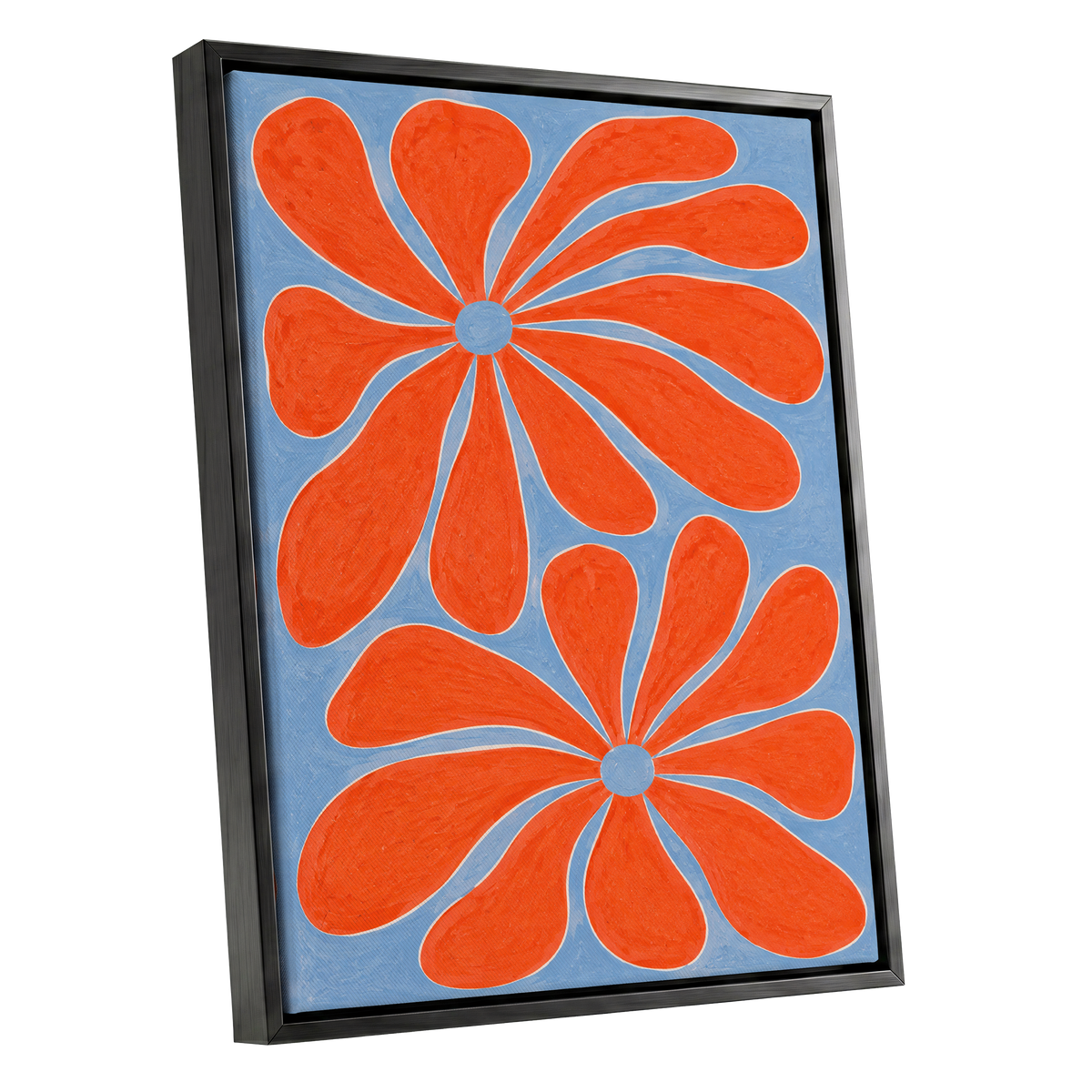 Tangerine Bloom, orange, blue, white floral wall art shown as a black framed canvas wall art