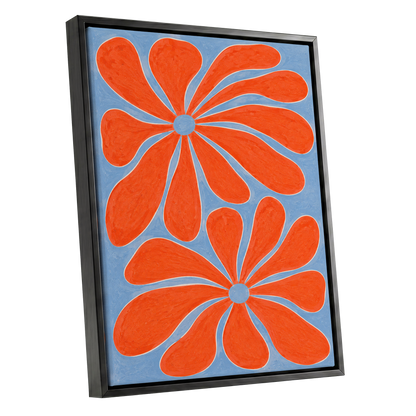 Tangerine Bloom, orange, blue, white floral wall art shown as a black framed canvas wall art