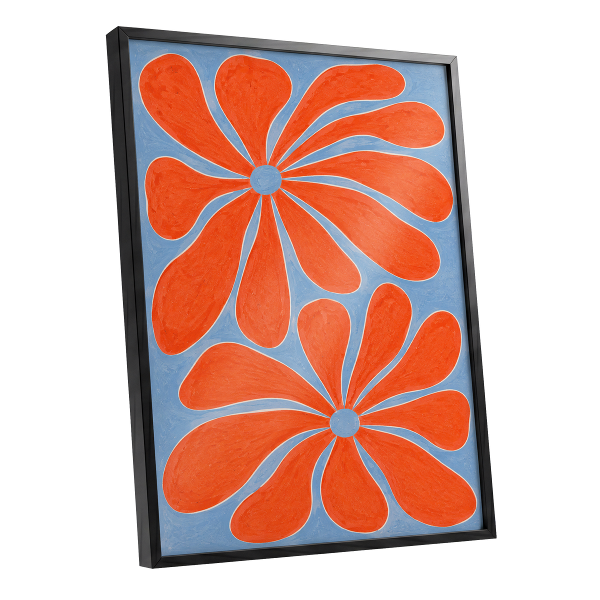 Tangerine Bloom, orange, blue, white floral wall art shown as a black framed poster wall art print