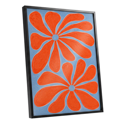Tangerine Bloom, orange, blue, white floral wall art shown as a black framed poster wall art print