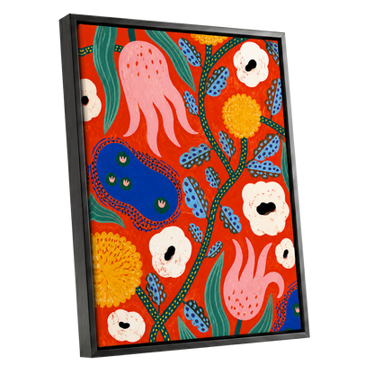 Tangerine Bloom Dance, orange, pink, blue floral wall art shown as a black framed canvas wall art