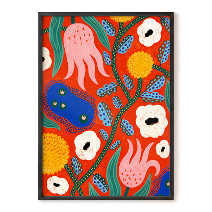 Tangerine Bloom Dance, orange, pink, blue floral wall art, front artwork view