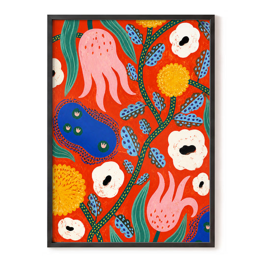 Tangerine Bloom Dance, orange, pink, blue floral wall art, front artwork view