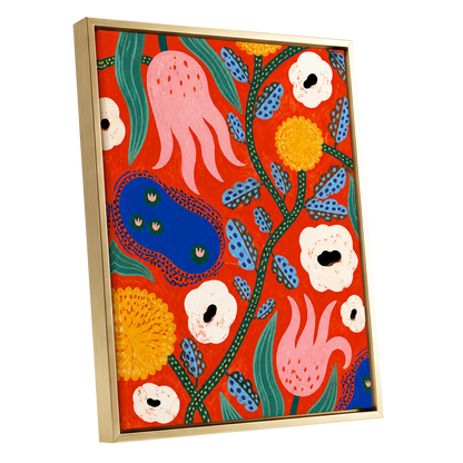 Tangerine Bloom Dance, orange, pink, blue floral wall art shown as a gold framed canvas wall art