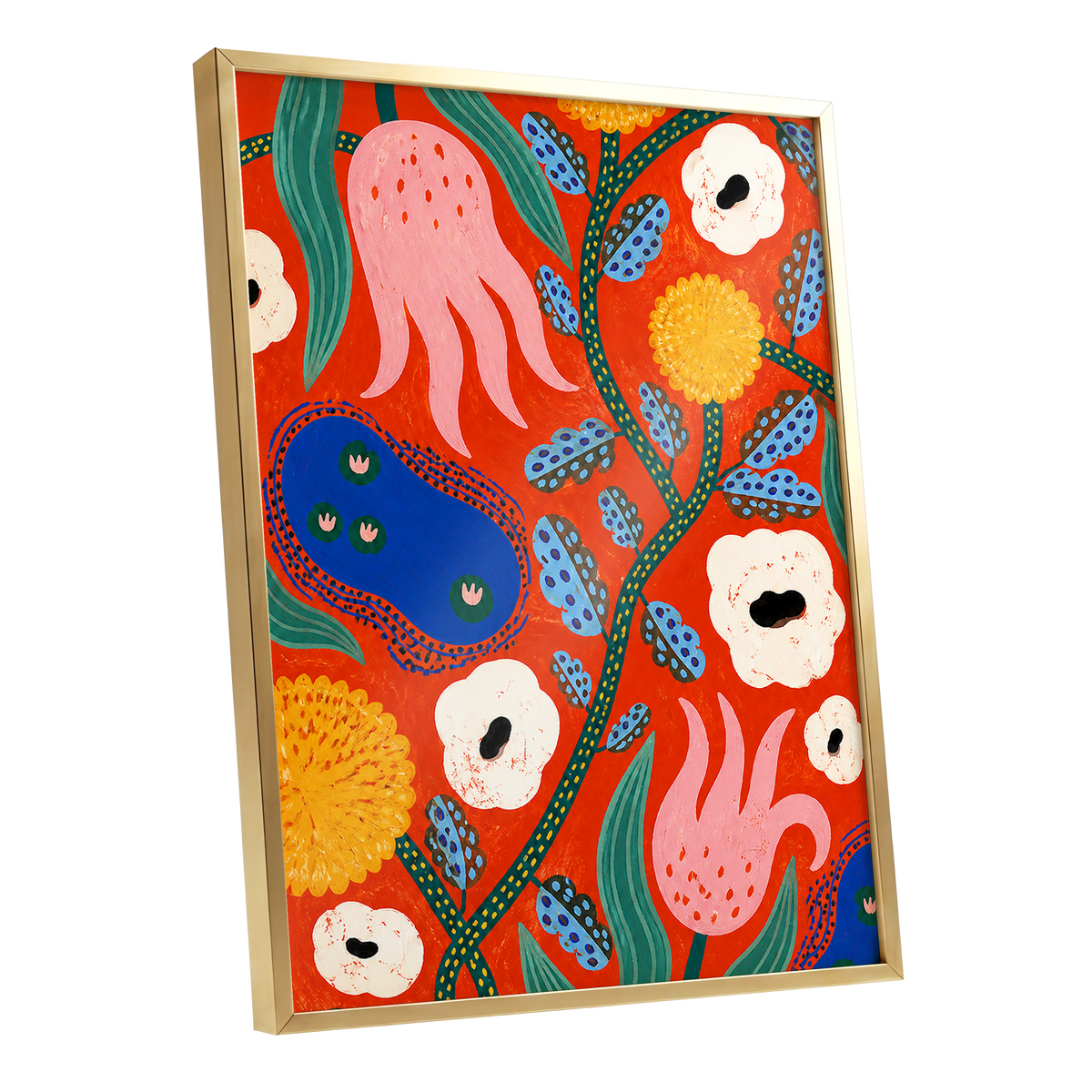 Tangerine Bloom Dance, orange, pink, blue floral wall art shown as a gold framed poster wall art print