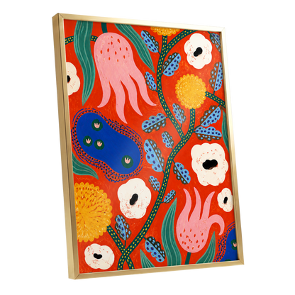 Tangerine Bloom Dance, orange, pink, blue floral wall art shown as a gold framed poster wall art print