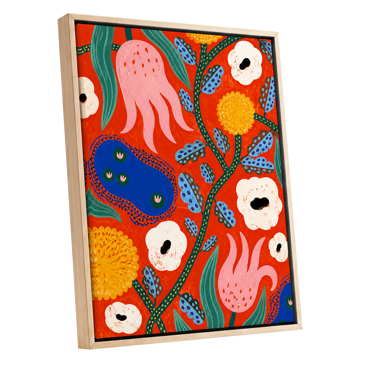 Tangerine Bloom Dance, orange, pink, blue floral wall art shown as a oak framed canvas wall art