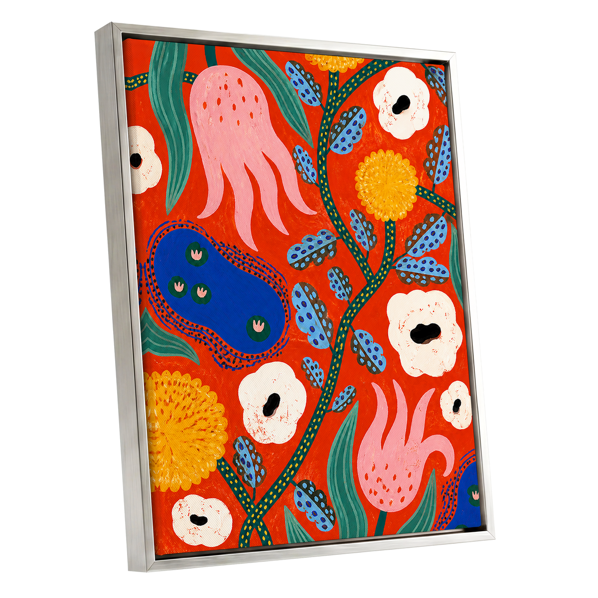 Tangerine Bloom Dance, orange, pink, blue floral wall art shown as a silver framed canvas wall art