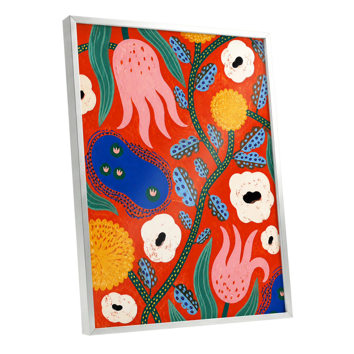 Tangerine Bloom Dance, orange, pink, blue floral wall art shown as a silver framed poster wall art print