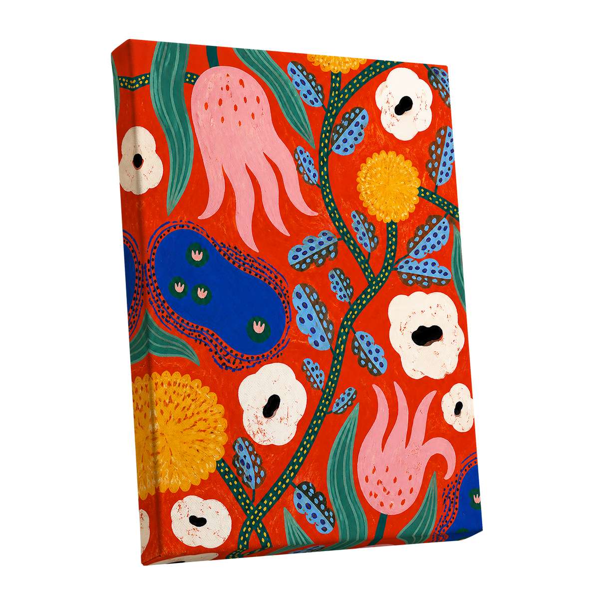 Tangerine Bloom Dance, orange, pink, blue floral wall art shown as a stretched canvas wall art