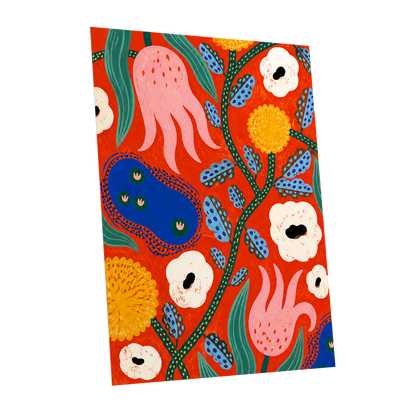 Tangerine Bloom Dance, orange, pink, blue floral wall art shown as a unframed poster wall art print