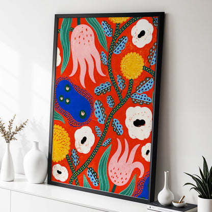 Tangerine Bloom Dance, orange, pink, blue floral wall art displayed in a styled interior, gallery view 2