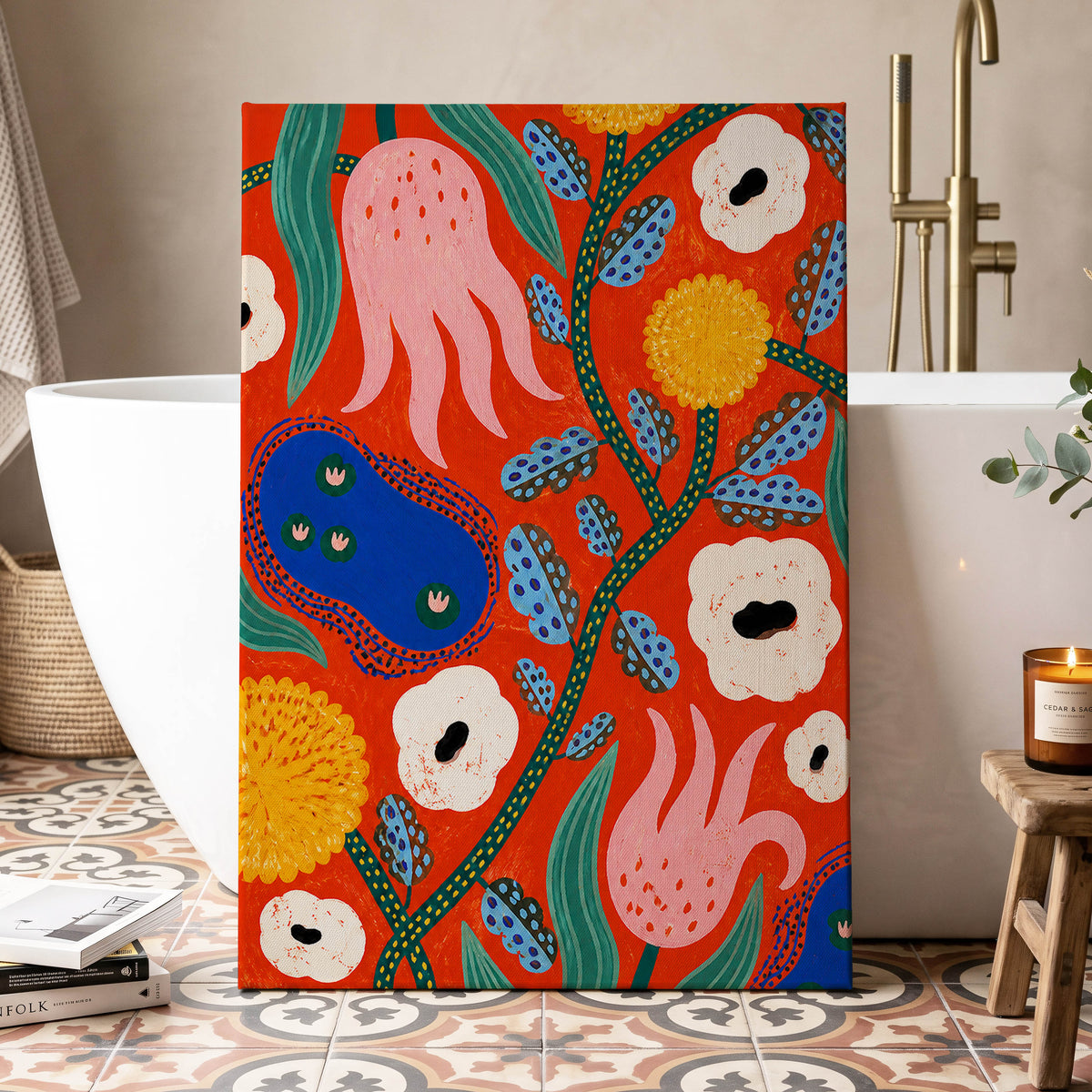 Tangerine Bloom Dance, orange, pink, blue floral wall art displayed in a styled interior, gallery view 3